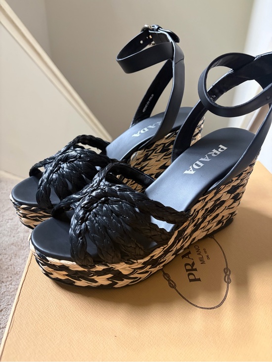 Prada Shoes - Prada Black Braided Leather & Woven Raffia Platform Wedge Sandals
